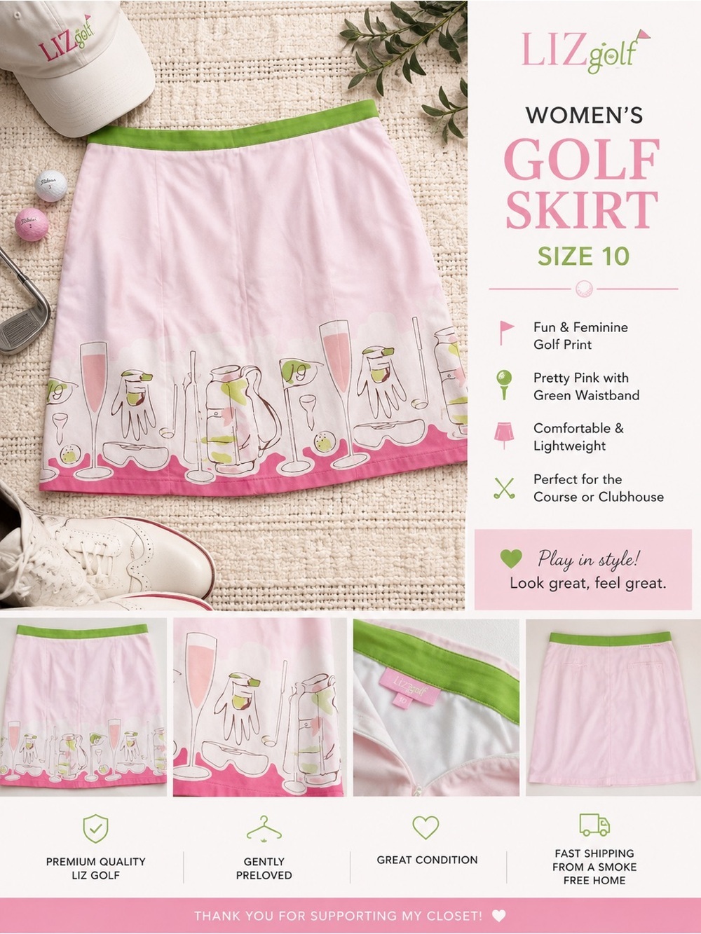 Women’s Pink Golf Print Skirt with Green Waistband Size 10